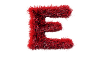A fluffy red letter e isolated on a black background with a furry texture and bright red color isolated on transparent background