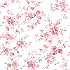 Fototapeta premium Pink Toile De Jouy Vintage Floral Seamless Pattern 04. Elegant Vector Graphics Print design