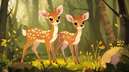 A couple of cute deer in a forest illustration , no logos, no brands