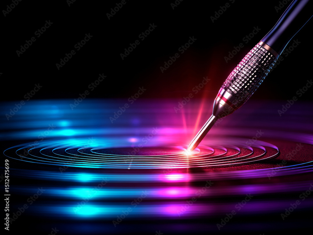 Poster vibrant graphic of dart hitting target, creating ripples of color in shades of blue and purple. dart