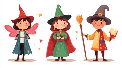 Fairy tale clipart. Medieval magician characters, cartoon fairy girl dragon and fantasy wizard. Halloween clothes, child book story decent set illustration , no logos, no brands