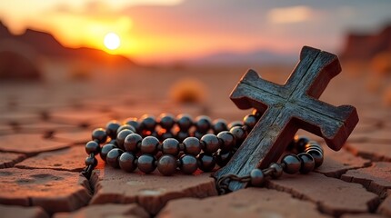At sunset, a wooden cross and silver rosary stand on a cracked desert earth.
