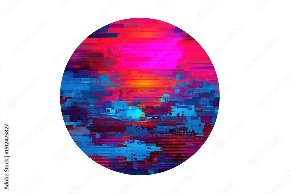 Poster vibrant abstract digital art in circular frame with neon colors and pixelated texture