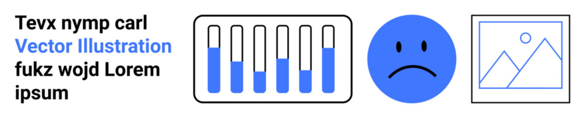 Bar graph with varied levels, sad blue face, and framed mountain landscape. Ideal for data analysis, emotion tracking, mood study, creativity, web design, and analytics in simple landing page