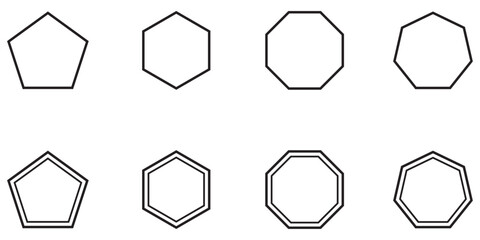 octagon shapes with outlines for logos or symbols. pentagon, hexagon, octagon icon. vector geometry pentagonal, hexagonal, octagonal polygon. five, six, eight sided polygon line. 
