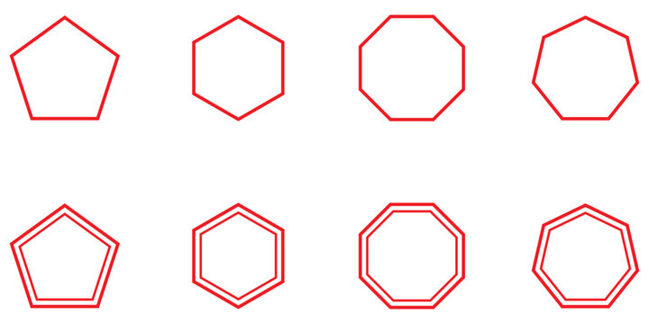 Octagon shapes with outlines for logos or symbols. pentagon, hexagon, octagon icon. Vector geometry pentagonal, hexagonal, octagonal polygon. five, six, eight sided polygon line. 

