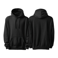 Blank black hoodie, front and back views.  A simple, plain, dark gray/black sweatshirt with a drawstring hood, kangaroo pocket, and long sleeves