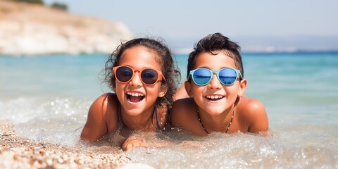 Obraz premium Smiling caucasian children enjoying a sunny beach day in sunglasses