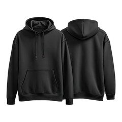 A dark gray hoodie, front and back views.  Features a drawstring hood, kangaroo pocket, and long sleeves