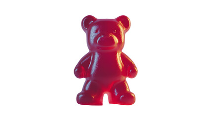 A single red gummy bear stands against a black background with soft lighting on the candy bear figure isolated on transparent background