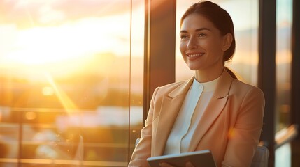 radiant businesswoman, a corporate leader, sits by a grand office window, elegantly poised with a tablet in hand 