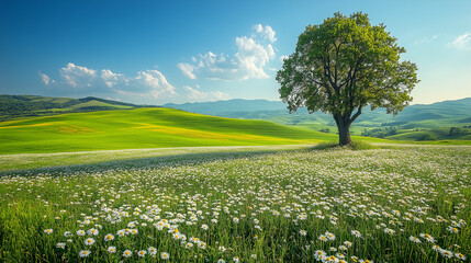 Lone Tree on Rolling Green Hills Under Clear Blue Sky