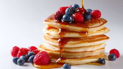 Stack of Pancakes with Berries and Syrup Close-up Food Photography, Delicious Breakfast, Golden Brown Pancakes, Sweet Treat Pancakes,Breakfast,Food photography