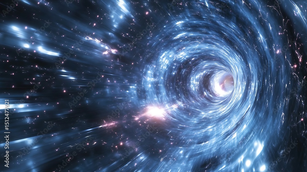 Poster hyperspace corridor framed by lightning-like distortions, shimmering with ultraviolet pulses through