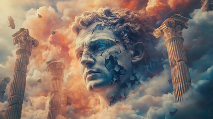 Psychedelic Julius Caesar with Fractured Face Amid Surreal Roman Columns and Legionaries