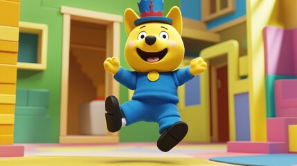 Animated cartoon character leaping in a vibrant playhouse setting