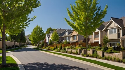 Fototapeta premium A Sunny Day on a Modern Suburban Street with Beautifully Landscaped Homes