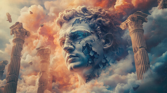 Psychedelic Julius Caesar with Fractured Face Amid Surreal Roman Columns and Legionaries