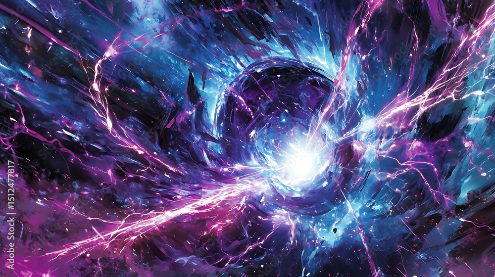 Poster hyperspace corridor framed by lightning-like distortions, shimmering with ultraviolet pulses through