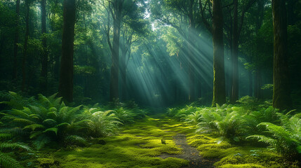 Serene Forest Path Bathed in Soft Sunlight with Lush Green Trees and Mossy Ground
