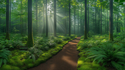 Serene Forest Path Bathed in Soft Sunlight with Lush Green Trees and Mossy Ground