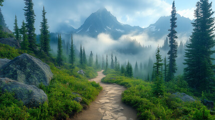Winding Mountain Trail Flanked by Pine Trees Leading to Misty Peak in Crisp Fresh Air