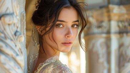 Elegant Ancient Rome Fashion Shoot Featuring Gold-Embroidered Roman Toga and Classical Architecture