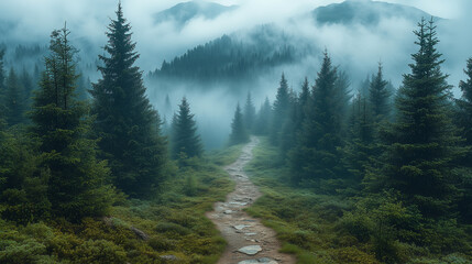 Winding Mountain Trail Flanked by Pine Trees Leading to Misty Peak in Crisp Fresh Air