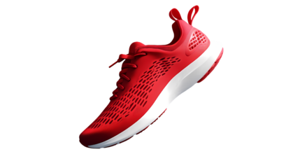 Isolated studio shot of a vibrant red running shoe with white sole  space for text isolated on transparent background