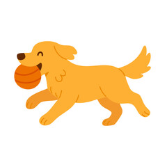 Cheerful cartoon dog running with ball in mouth. Flat vector illustration of active playful puppy.