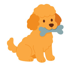 Cartoon dog with curly fur holding blue bone. Flat vector illustration of cute sitting puppy.