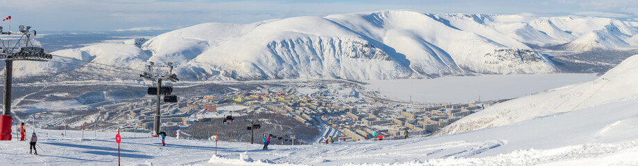 Panorama of the city of Kirovsk and a view of the cable car from Bolshoy Woodyavr mountain, Murmansk region