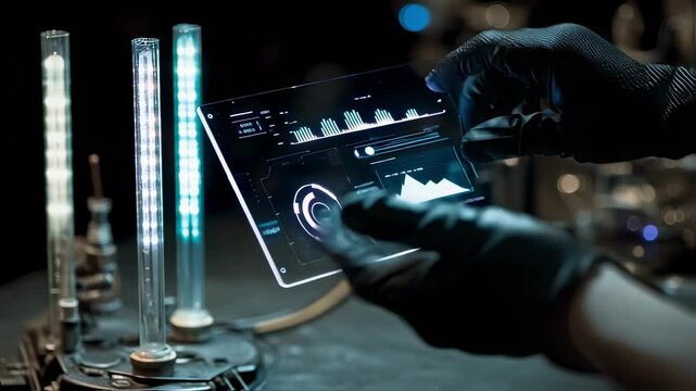 Glassmaker wearing gloves uses futuristic transparent tablet displaying chemical properties of uranium glass, guiding artisan's hands in crafting neon