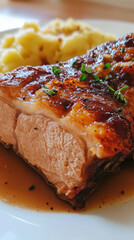 Savory Schweinebraten sits on a plate alongside rich mashed potatoes and sweet apple wedges, showcasing traditional German cuisine at a local restaurant