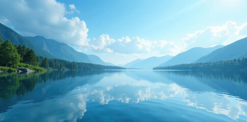 Obraz premium Serene blue lake, tranquil surface reflecting sky, sky, view