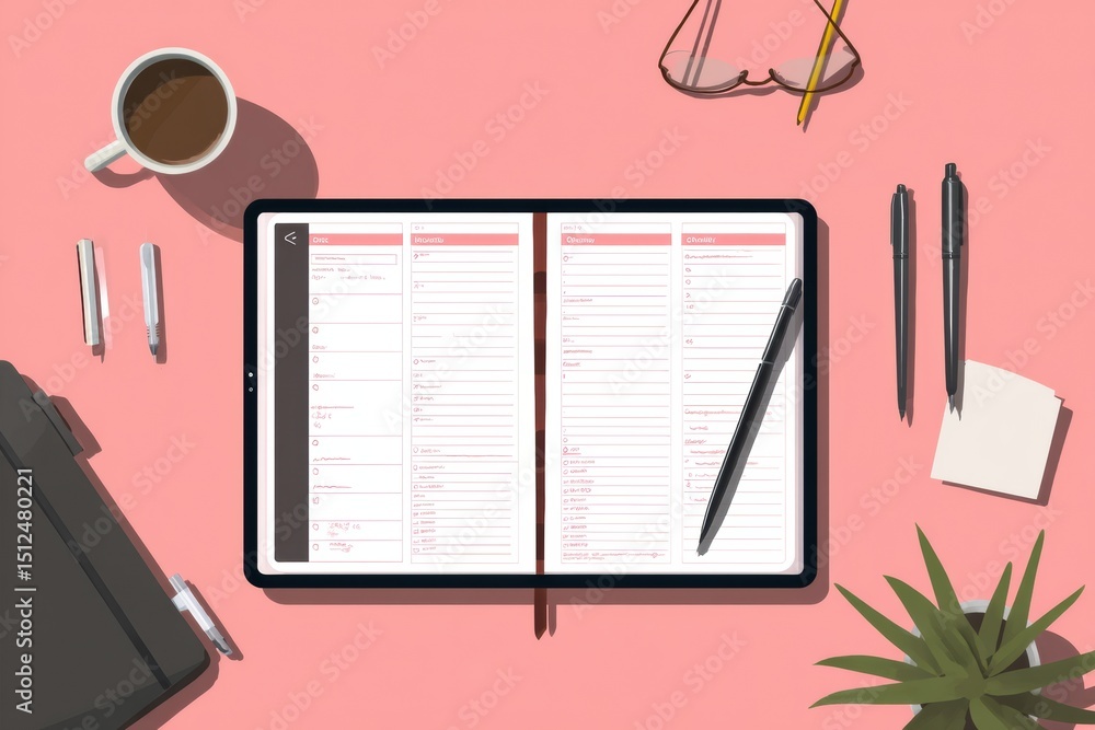 Aufkleber digital planner displayed on tablet with stylus on a pink desk setting featuring a plant and coffee 