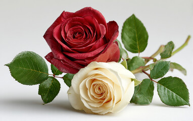 Naklejka premium Two intertwined red and white roses in sharp focus against a white background, symbolizing love, unity, and harmony. Ideal for romantic, floral, or symbolic design themes.