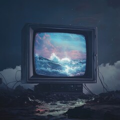 Fototapeta premium Vintage TV showing ocean waves at night