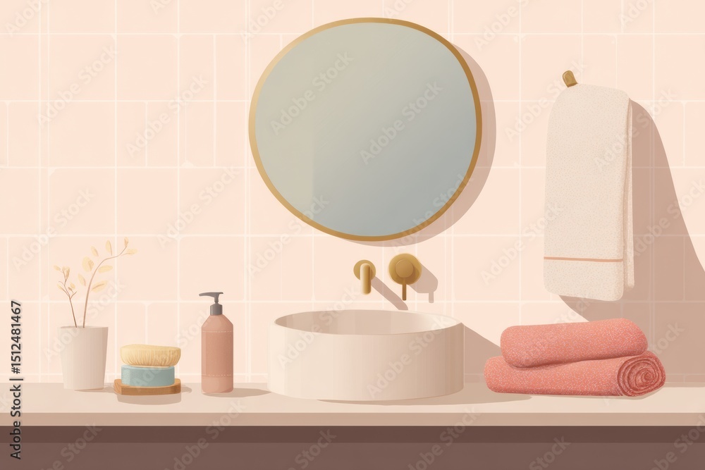 Poster Clean Bathroom With Modern Design Featuring Towel, Soap, and Mirror Reflection, Creating a Calming and Organized Atmosphere
