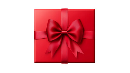 A red gift box with a red ribbon bow centered  in a top down view isolated on transparent background