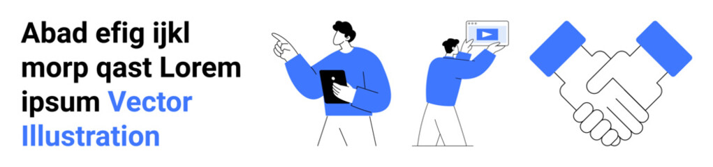 People presenting media and holding devices, handshake icon for partnership. Ideal for teamwork, collaboration, business, negotiation, presentation, agreement, simple landing page