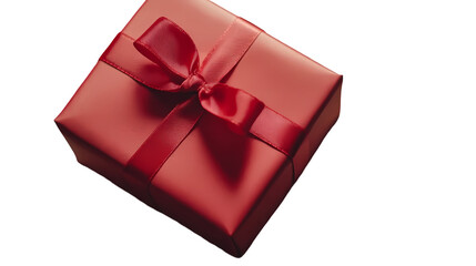 A close up shot of a square red gift box tied with a ribbon on a dark and plain background isolated on transparent background
