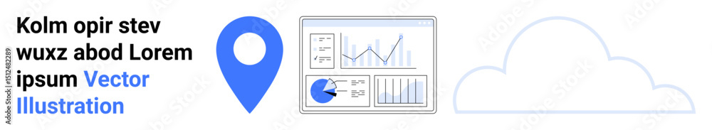 Poster blue location pin alongside a data dashboard of graphs and pie charts, next to a cloud icon. ideal f