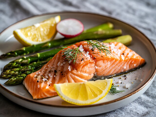 Fresh grilled salmon fillet with lemon and asparagus on a gray ceramic plate, close-up view