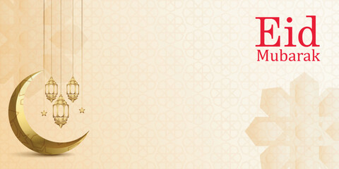Eid Mubarak Muslim art greetings with Crescent Moon and Lanterns. Islamic celebration banner. ramadan kareem vector Wishing for Islamic festival for banner, poster, brochure and sale background. © Fazlerabbi
