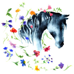 Watercolor or ink hand drawn horse head with wild flowers on white. Hand painting beauty romantic Japanese style vector silhouette.