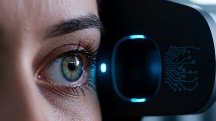 A woman is using a futuristic eye scanning technology. - Powered by Adobe