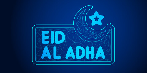 Geometric Eid al-Adha Celebration: Low Poly Crescent and Star Design on Blue Gradient Background