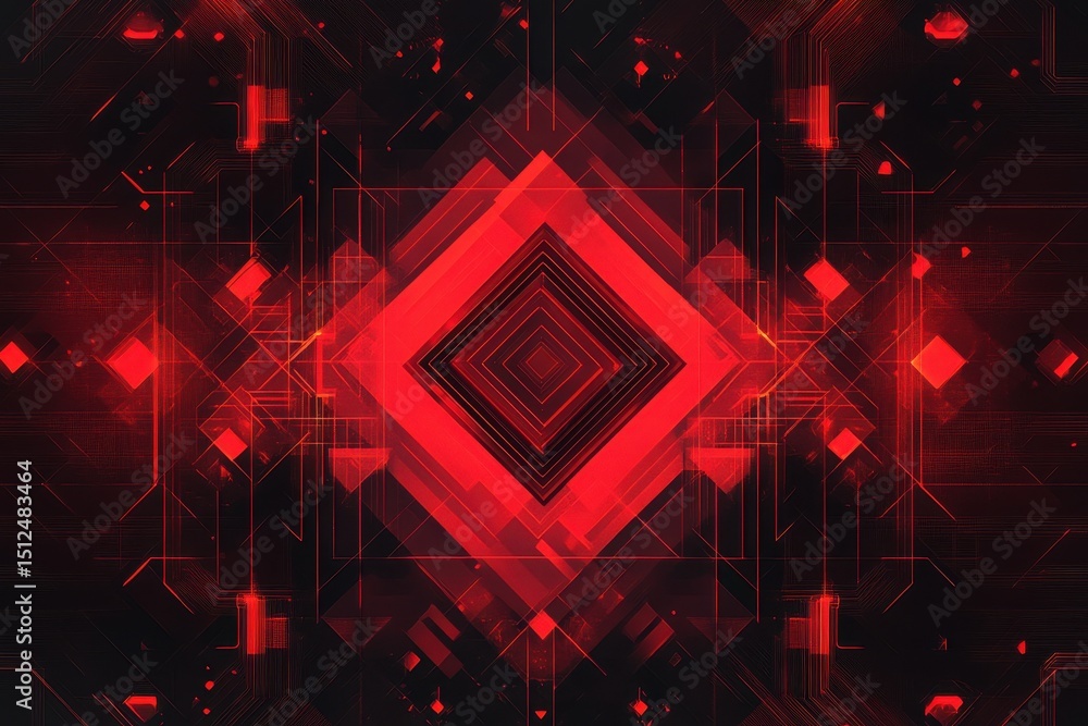 Poster bold red abstract design with overlapping shapes and geometric elements creates a dynamic digital ba