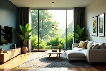 Naklejka premium Modern living room, lush greenery, natural light, relaxing, style
